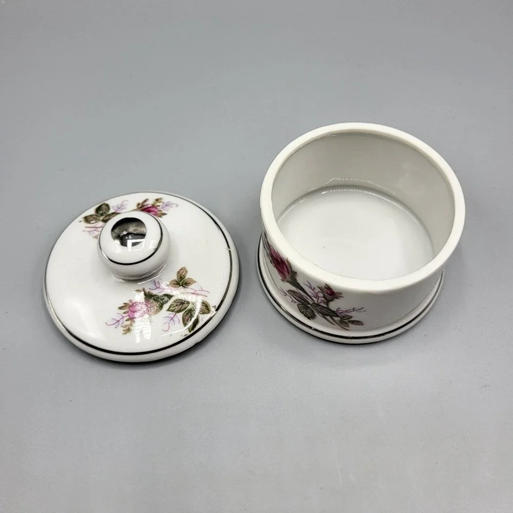 Vintage Porcelain Vanity Trinket Powder Jar Bowl With Lid Pink Rose Silver Trim